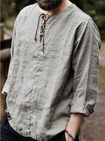 Mens Solid Lace-Up Neck 100%Cotton Long Sleeve T-Shirt