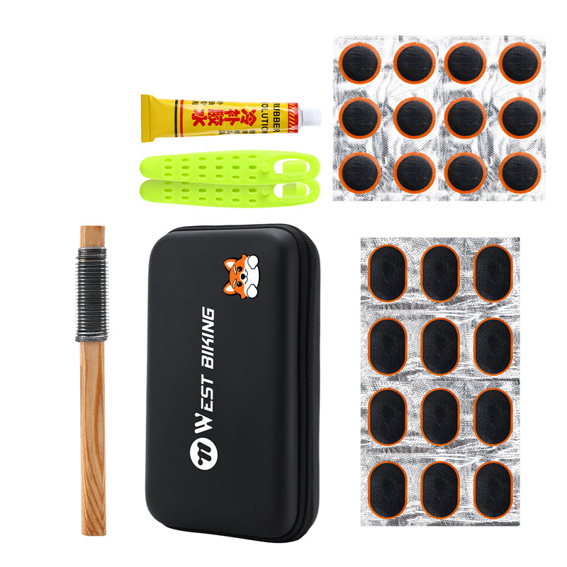 WEST BIKING Bicycle Tire Repair Kit Portable Flat Tire Patch Tool Set with 24 Patches Wooden File Glue Case for MTB Road Bike Emergency Accessories