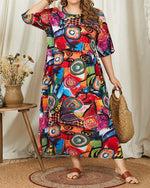 LinkMejor Women Retro Graffiti Print Round Neck Pleated Casual Beach Maxi Dresses