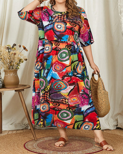 LinkMejor Women Retro Graffiti Print Round Neck Pleated Casual Beach Maxi Dresses