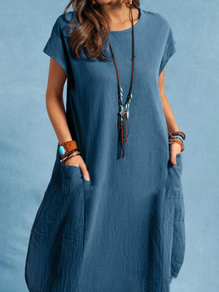 LinkMejor Plus Size Women Mid Long Dress Solid Pocket Short Sleeve Round Neck Cotton Casual Beach Midi Dress