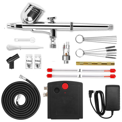WZ100 Airbrush Compressor Kit 10L/Min 40dB Dual-Action 0.3mm 7CC Auto Start 15 PSI Stop 25 PSI 220-240V/50Hz 1/8 BSP 0.2/0.5mm Nozzles EU Plug
