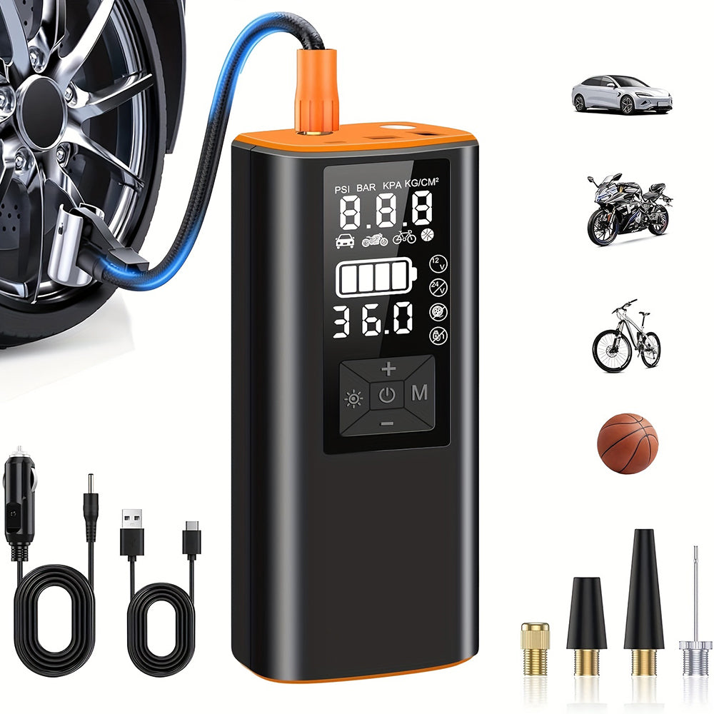 Cordless Smart Car Tire Inflator Dual Screen Display with LED Light Accurate Pressure Measurement Portable Multi-function Car Air Pump