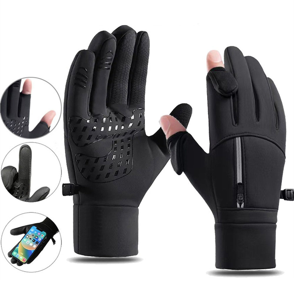 LinkMejor Winter Touchscreen Warm Cycling Gloves Waterproof Windproof Cold-Resistant Flip Exposed Two-finger Zipper Gloves for Men Women Ski Fishing Running