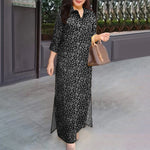 LinkMejor Women Vintage 3/4 Sleeve Lapel Split Dresses Floral Print Long Casual Shirtdress