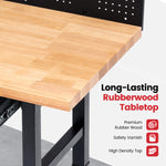 LinkMejor 60-Inch Adjustable Workbench With Pegboard Rubberwood Top LED Light Power Strip Drawer 2000 Lb Capacity Casters And Leveling Feet Garage Workshop Table