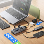 LinkMejor AT2U3 7-in-1 5Gbps USB 3.0 Hub Docking Station with Independent Power Switch 7xUSB-A Splitter Adapter for Macbook Mobile Phone Tablets
