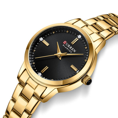 LinkMejor Luxury Brand Elegant Simple Rhinestone Quartz Watch Waterproof Stainless Steel Strap Gold Wristwatch