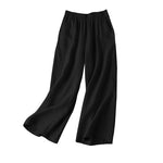 LinkMejor Women Cotton Elastic Waist Solid Color Long Pants Casual Loose Straight Trousers
