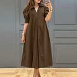 LinkMejor Women Vintage Fashion Solid Casual V-Neck Short Sleeve Dress Loose Fit with Side Pockets
