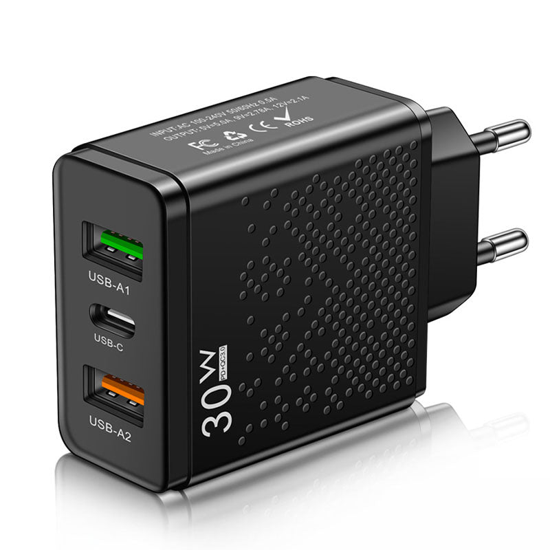 PD30W 3-Port USB PD Charger 2USB-A+USB-C PD QC3.0 Fast Charging Wall Charger Adapter EU Plug US Plug for iPhone 16 16 Pro 15 14 Plus 13 12 for Xiaomi 15 pro for Huawei Mate XT for Samsung Galaxy Z Flip6