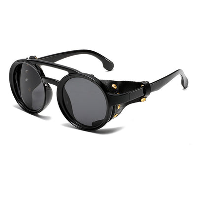 Fashion Punk Retro Polarized Round Sunglasses with Leather Strap Accents UV400 Protection Eyewear Glasses for Outdoor Travel Driving