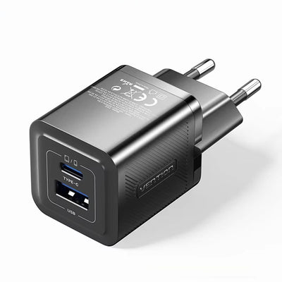 [GaN Tech] Vention FEQ 30W 2-Port USB PD Charger USB-A+USB-C PD3.0 QC3.0 PPS FCP AFC Apple2.4A Fast Charging Wall Charger Adapter EU Plug for iPhone 16 15 14 Pro Max for Samsung Galaxy Z Flip6 for Huawei Mate XT for Xiaomi MIX Fold4
