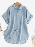 LinkMejor Women Cotton Linen Blouses Solid Button Lapel Roll Sleeve Short Sleeve Casual Shirt Plus Size