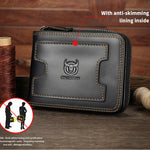 LinkMejor Genuine Leather Zippered Men's Wallet Cowhide RFID-blocking Multi Card Slots Coin Money Purse