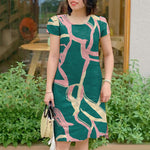 LinkMejor Women's Abstract Print Dresses Summer Commute Short Sleeve O-Neck Printed Shift Dress