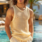 LinkMejor Mens Beach Style Mesh Sleeveless Tank Comftable Fabric Tank Top for Men