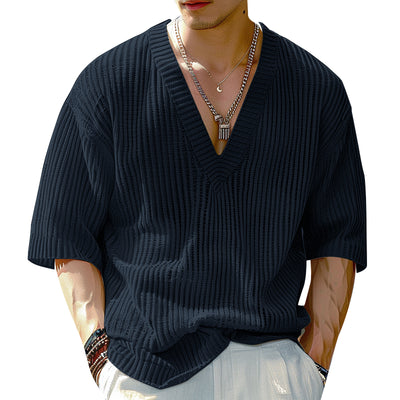LinkMejor Mens Knitted V-Neck Half Sleeve T-Shirt Casual Solod Color Short Sleeve Men Top