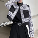 LinkMejor Mens Floral Print Patchwork Jacket Crop Top Zipper Stand Collar Short Jackets for Men Large Size S-5XL