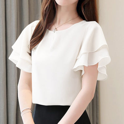 LinkMejor Women Fashion Short Sleeve Ruffles Blouse Elegant Office OL Shirt Casual O Neck Solid Tops
