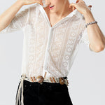 LinkMejor Men's Hollow Lace Loose Short Sleeve Shirts