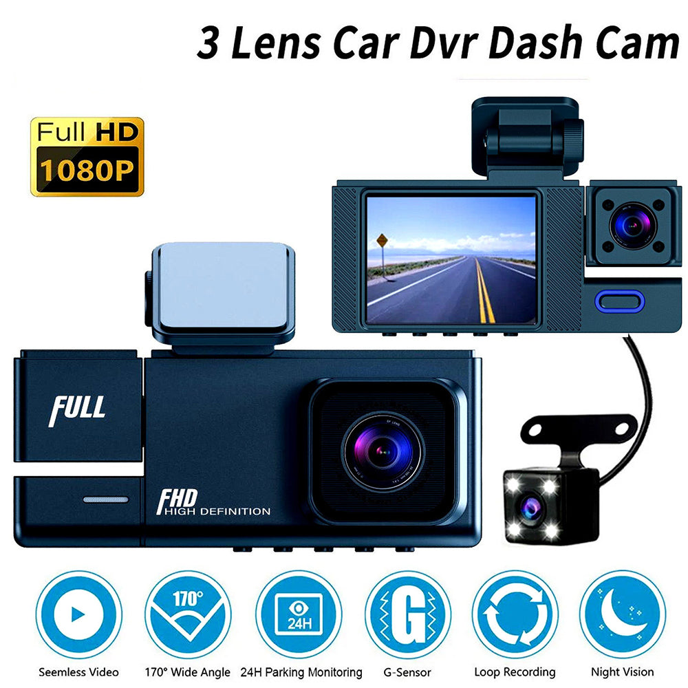 2 Inch IPS Screen Car Dash Cam 3-Channel Driving Recorder G-sensor Loop Recording Parking Monitoring