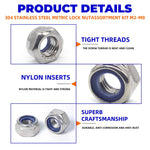 200pcs DIN985 Hex Nylon Insert Self Lock Nut Nylock Locknut Assortment Kit Set M2 M2.5 M3 M4 M5 M6 M8 304 A2-70 Stainless Steel
