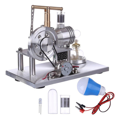 Balance Type Hot Air Single Cylinder Stirling Engine Generator Model with LED Bulb Voltage Digital Display Meter Physics Experiment Science Education Toys
