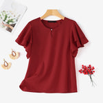 LinkMejor Women Fashion Short Sleeve Ruffles Blouse Elegant Office OL Shirt Casual O Neck Solid Tops