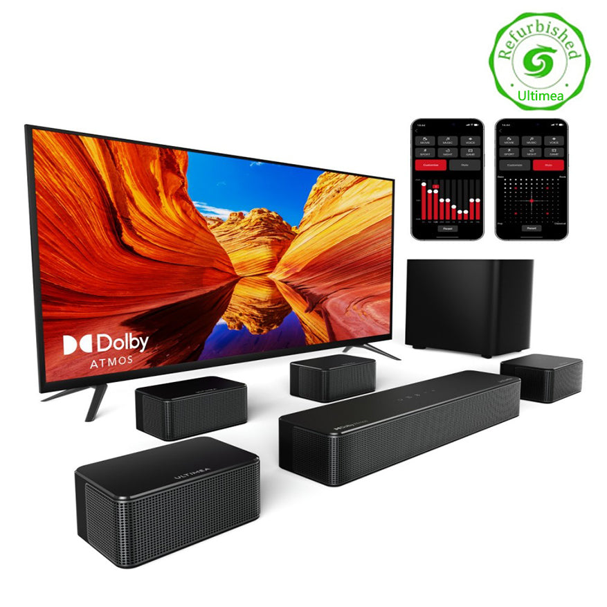 [EU/US Direct] Refurbished Ultimea Poseidon D80 460W 7.1CH Soundbar 4 Wired Surround Speakers 6.5" Wireless Subwoofer BassMX SurroundX Technology 121 Preset EQ Matrices Home Theater Subwoofer Surround System