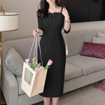 LinkMejor Womens Party Daily 7/8 Sleeve Small V-neck Design Slim Segmented Dress Solid Color Elegant Midi Dress