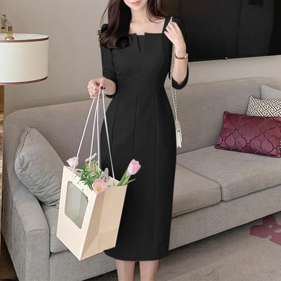 LinkMejor Womens Party Daily 7/8 Sleeve Small V-neck Design Slim Segmented Dress Solid Color Elegant Midi Dress