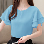 LinkMejor Women Fashion Short Sleeve Ruffles Blouse Elegant Office OL Shirt Casual O Neck Solid Tops