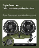 LinkMejor 5V 12V 24V Dual Head Car Fan 2 Speed Adjustment 360° Rotatable Low Noise USB Lighter Universal Vehicle Cooling Fan