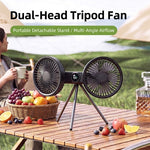 Tevorex Portable Dual-Head Tripod Fan 3 Speeds Wind 360° Stand Adjustable 3600mAh Long Battery Quiet Operation Rechargeable Cooling Fan with LED Display for Home Outdoor Camping
