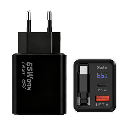 [GaN Tech] XY-1065 65W 2-Port USB PD Digital Display Charger with Type-C Retractable Cable PD Fast Charging Wall Charger Adapter EU Plug for iPhone 17 17 Pro 16 Pro Max 15 14 for Xiaomi 17pro for Samsung Galaxy S25 Ultra for Huawei Mate XTs