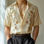 LinkMejor Mens Floral Print Lapel Collar Short Sleeve Shirt Casual Daily Button Up Lapel Top FOR Men S-5XL
