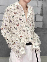 LinkMejor Mens Shirt Butterflies Print Tassel Shirts Fashion Party Long Sleeve Lapel Top Summer Casual Male Clothing Shirts