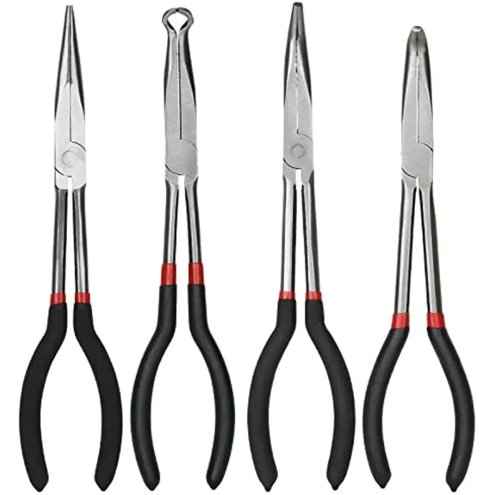 4PCS Long Needle Nose Pliers Set 11 Inch Carbon Steel with Rubber-Coated Grips for Automotive Repair Jewelry Making Crafting
