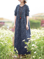 LinkMejor Women Floral Print O-Neck Long Sleeve Bohemian Holiday Maxi Dress With Pocket