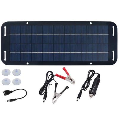 12V Solar Panel 6W Portable Flexible Solar Charger Kit with USB 5V DC Output for Car Camping Hiking Phones Power Banks Battery Charging CigaretteLighter Suction Cups