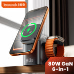 [GaN Tech] Toocki MX-CD155 80W 6-in-1 Desktop Charger Station USB-A+USB-C+USB-C Cable+3 Magnetic Wireless Charging Ports Fast Charging Desktop Charging Station EU Plug for iPhone 17 17Pro 16 Pro Max 15 14 for Airpods for Apple Watch