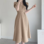 LinkMejor Womens Puff Sleeve V Neck Belted A Line Midi Dress Party Gown Long Dresses