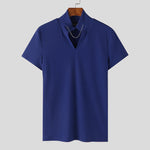 LinkMejor Men's Solid Color Knitted Half Turtleneck Chain Deco Short Sleeve T-Shirt