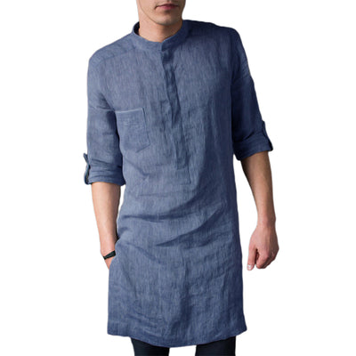 LinkMejor Men Islamic Thobe Kaftan Knee Length Maxi Tunic Shirts Gown Stand Collar Long Sleeve Mid Long Casual Shirts