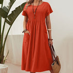 LinkMejor Women Short Sleeve Pleated Party Long Dress Casual Loose Sundress Maxi Dress with Pockets