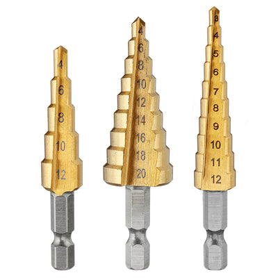 Drillpro 3Pcs 1/4 Inch Hex Shank HSS Titanium Coated Step Drill Bit Set 3-12/4-12/4-20mm