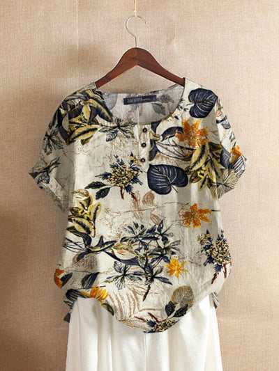 LinkMejor Plus Size Women's Shirt Cotton Linen Printed Casual Short Sleeve O Neck Loose Blouse Summer Daily Top for Women
