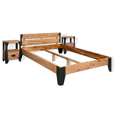 Bed Frame with 2 Nightstands Solid Acacia Wood Steel 76"x79.9"