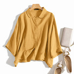 LinkMejor Cotton Solid Button Lapel Ruched Casual Blouse